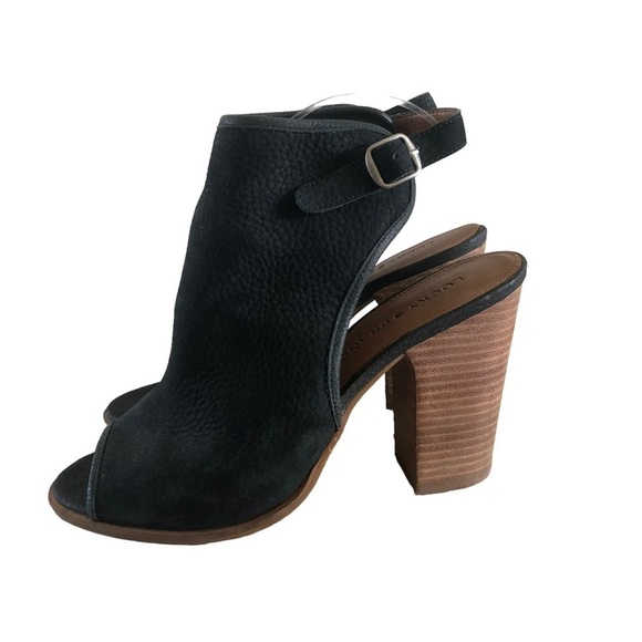 Lucky Brand Lisza Black Leather Open Toe Heeled Booties 8 - Picture 2 of 5